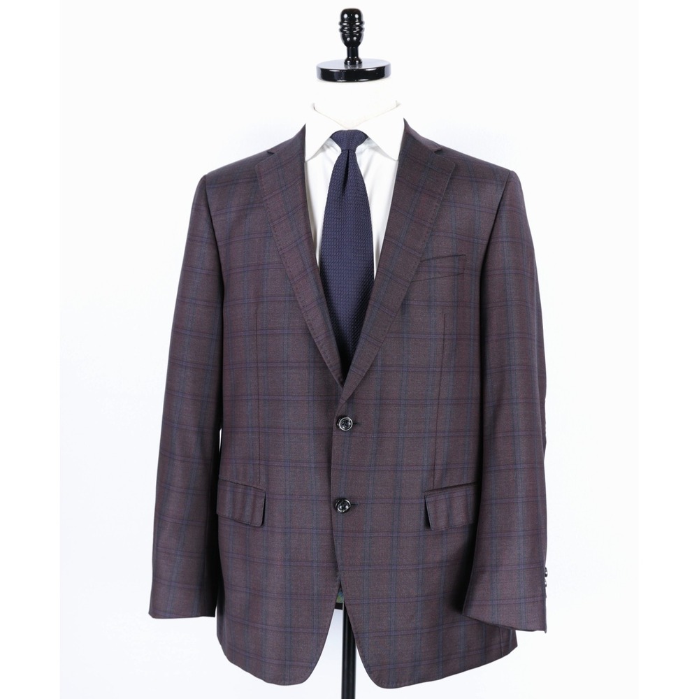 Bespoke Reda Wool 2-Button Suit 46R Burgundy Check Pattern 5 Pocket Pants